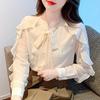 Новинка 2024 года, модная осенняя блузка с длинным рукавом и бантом, повседневная, с оборками, абрикосовая, шифоновая, женская, топы, блузки, рубашки J533