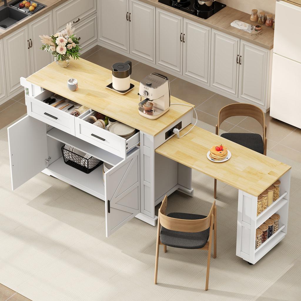 Kitchen island with pull-out worktop, 120×50×93cm, power strip, 2 drawers, double-door cabinet, adjustable shelf, towel holder & 7 casters, white/oak
