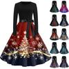 Women's Vintage Classic Dress Long Sleeve Christmas Print Round Neck Swing Dress