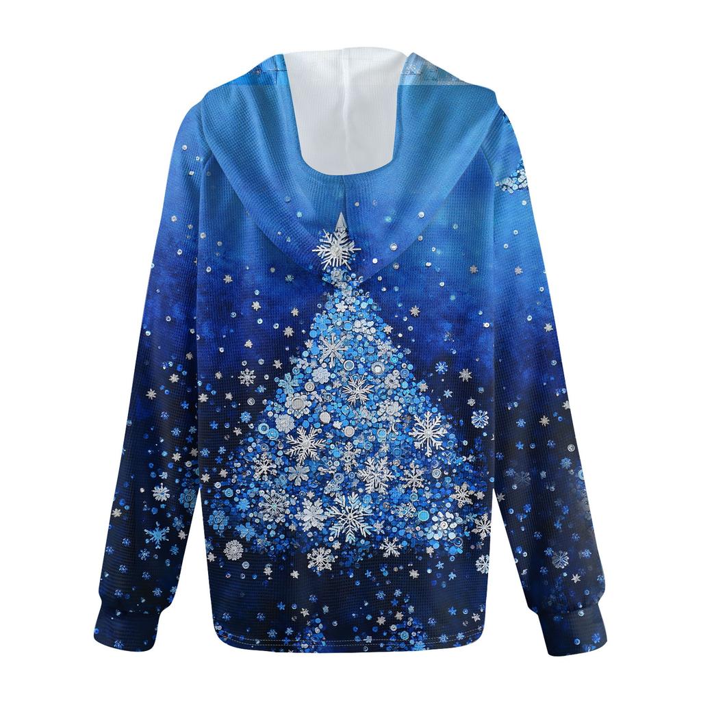 Женская мода с длинным рукавом, завязками на шнурке, капюшоном, пуговицами, V-образным вырезом, повседневная толстовка с капюшоном и рождественским принтом