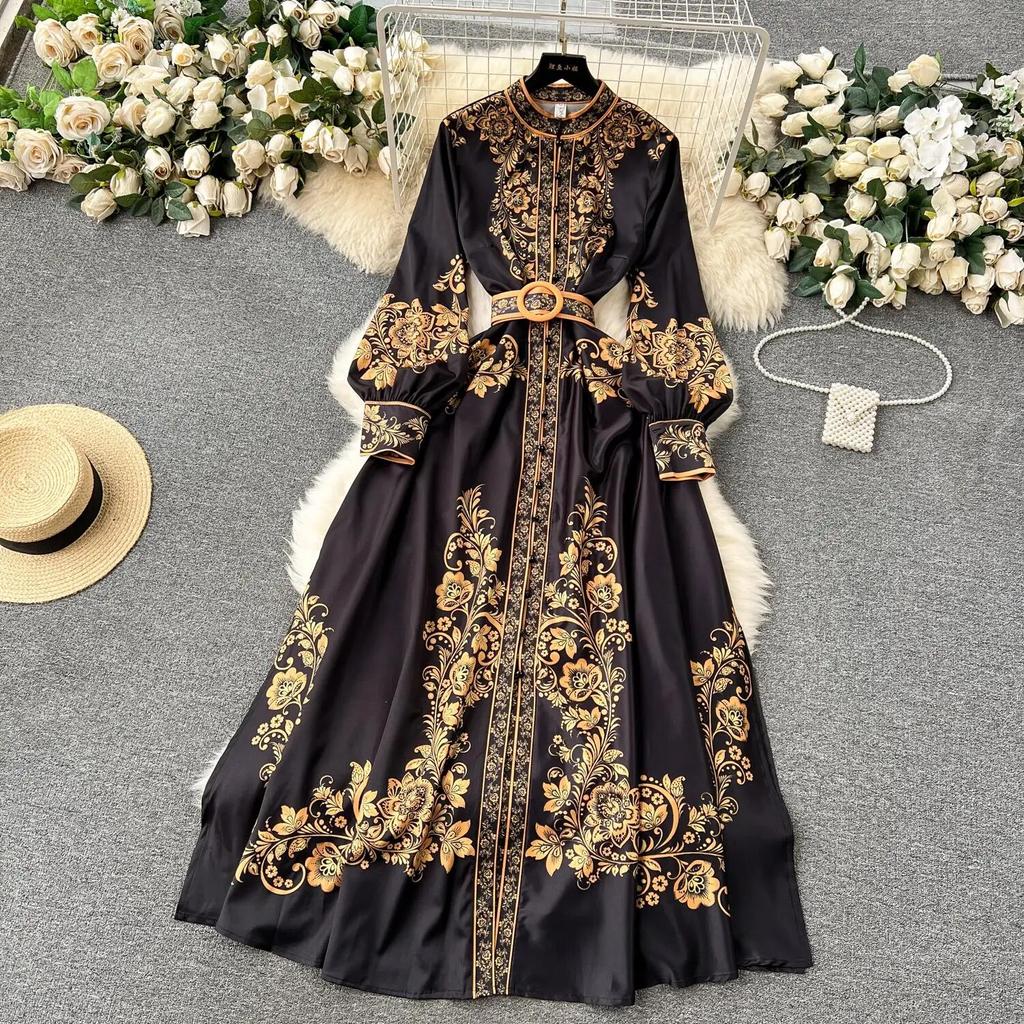 New Fashion Runway Red And White Porcelain Dress Women's Stand Long Lantern Sleeve Blue Floral Print Shirt Robe Dresses