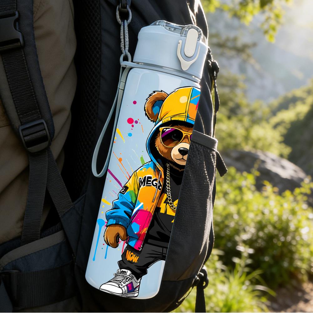 1PC Streetwear Bear Splash Color Figure 750ml Color Plastic Water Bottle Leakproof Flip Straw Lid For Sports Office Home Use