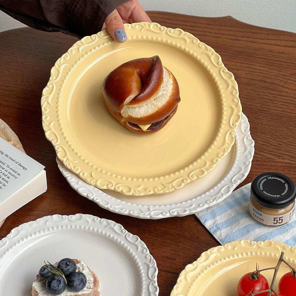 Embossed Design Ceramic Dessert Plate White/Yellow Color Western Dining Tableware Cafe Use