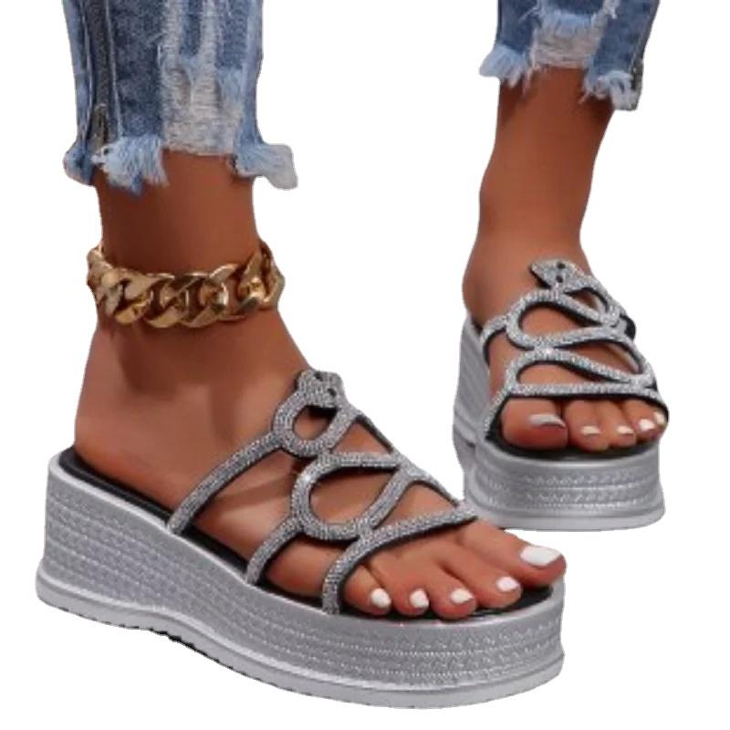 Женские летние тапочки на толстой подошве, кристаллы, тапочки на платформе для отдыха, новые женские элегантные туфли на толстой подошве 2024 г.