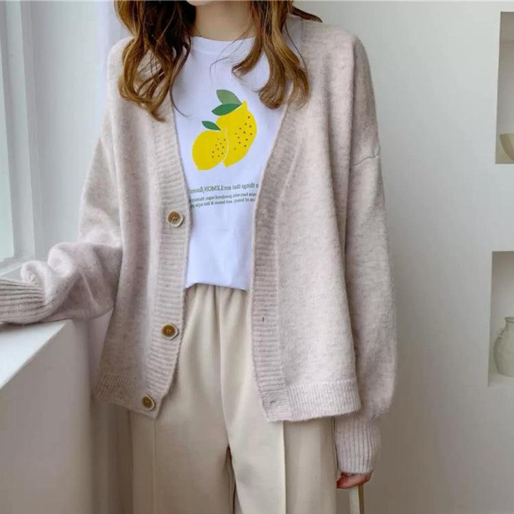 Spring and Autumn Women's Sweater Cardigan Loose Long Sleeve Sweater Tops V-Neck Knit Cardigan