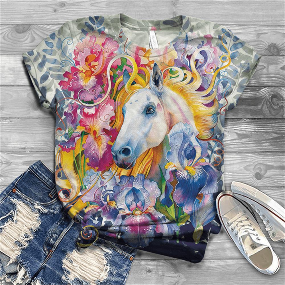 Женская футболка с коротким рукавом, летняя повседневная анимационная лошадь, цифровой 3D принт, сексуальный топ с диагональным воротником, свободный женский пуловер