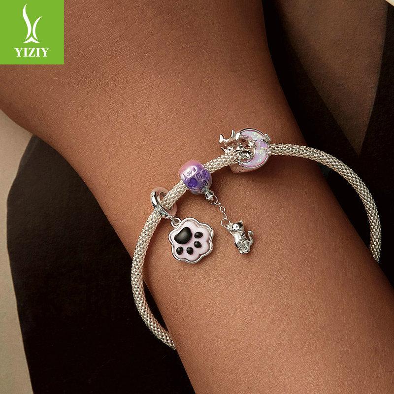 Опаловая Луна Кошка Сделай сам Браслет Бусины Рассыпные Бусины, Милое Девичье Сердце S925 Стерлинговое Серебро Веревочное Украшение