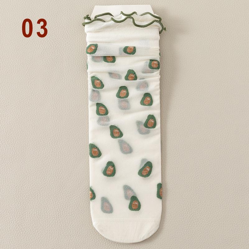 Женские милые сетчатые носки с оборками, шелковые носки с милым фруктовым узором, прозрачные, тонкие, модные, забавные