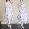 2025 Summer Women Plus Size Dress Vintage Long Dress Basic Floral Printing Casual Loose Linen Maxi