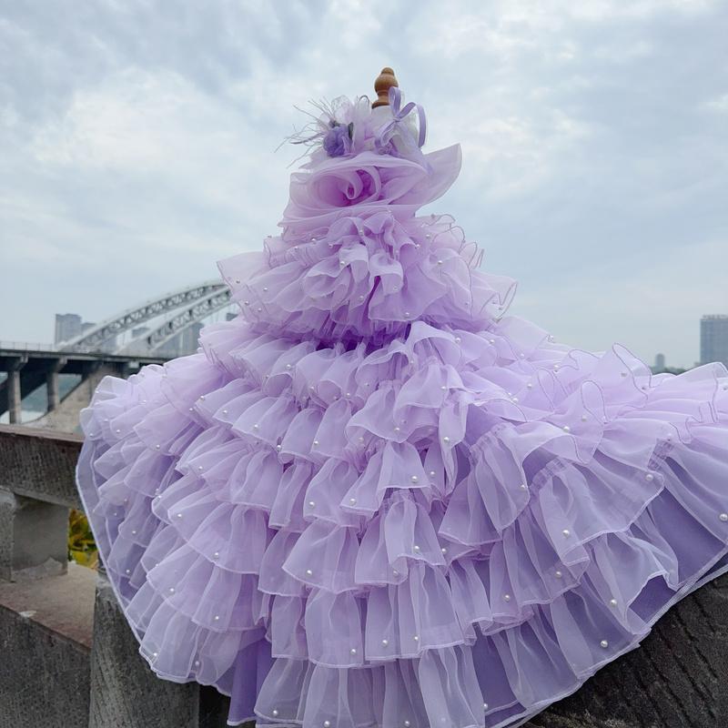 High-end Luxury Pet Dog Cats Clothes Fashion Handmade Violet Flowers Long Tail Party Princess Dress For Small Medium Dog Poodle