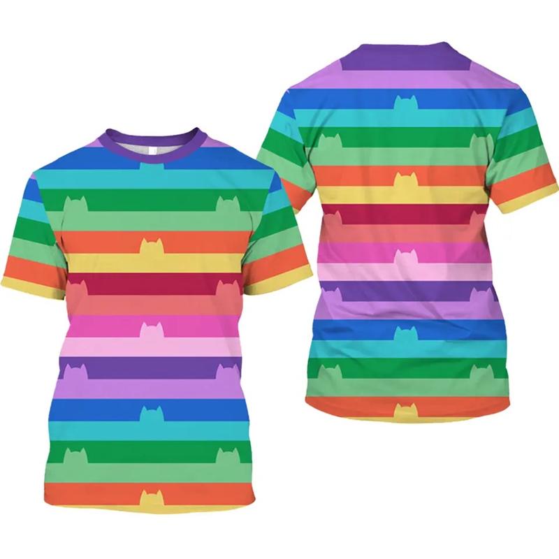 Striped Rainbow Cat 3D Printed T-shirt Fashionable Men's Fun Design Short Sleeve Top Summer Casual Personalized O-neck Clothing