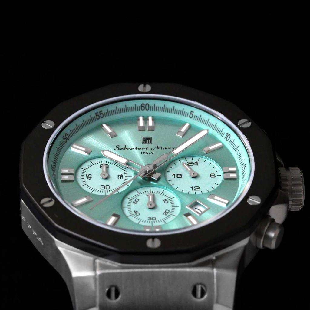 Хронограф 10 ATM водонепроницаемый кожаный ремешок Business 20th Anniversary Limited Model Ice Blue Black [Salvatore Mara] мужские SM18117-SSIBL