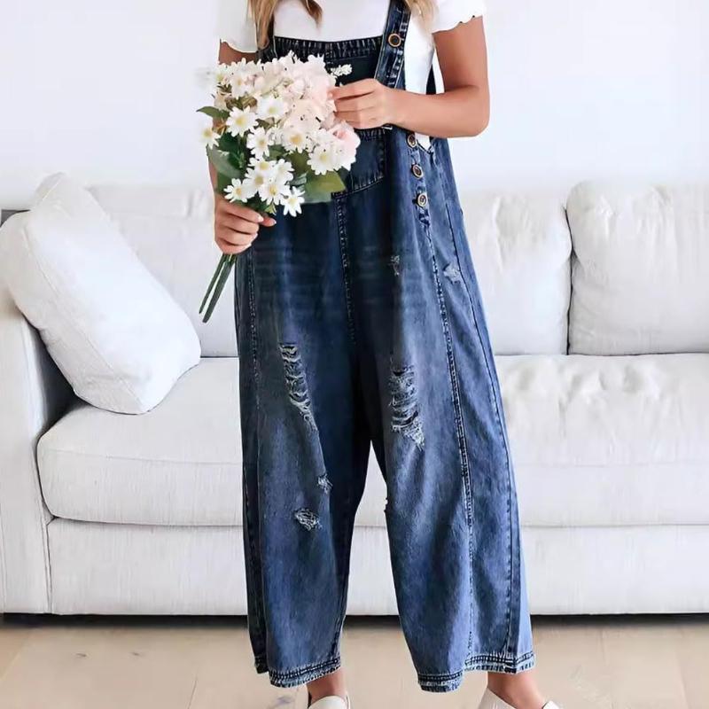 Модные ретро потертые отверстия свободные широкие штанины удобные повседневные джинсовые комбинезоны женские
