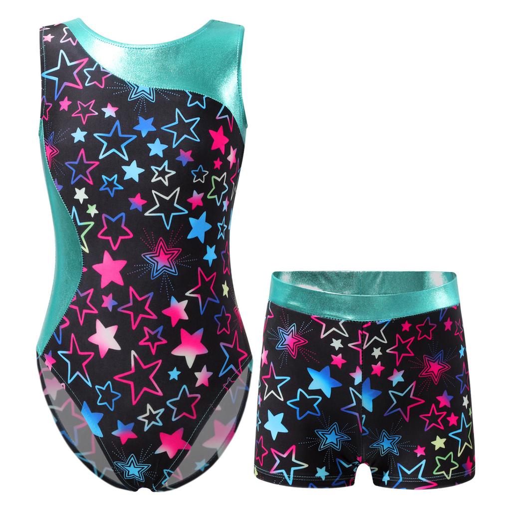 Kids Girls Gymnastics Yoga Dance Sport Sets Fancy Print Leotard and Shorts Dancewear Outfits