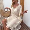 Women's Summer Spring Cover Up Beach Wear Mini Dress Tassel Fringe Hollow Out Casual Plain V Neck Half Sleeve Vacation Going Out