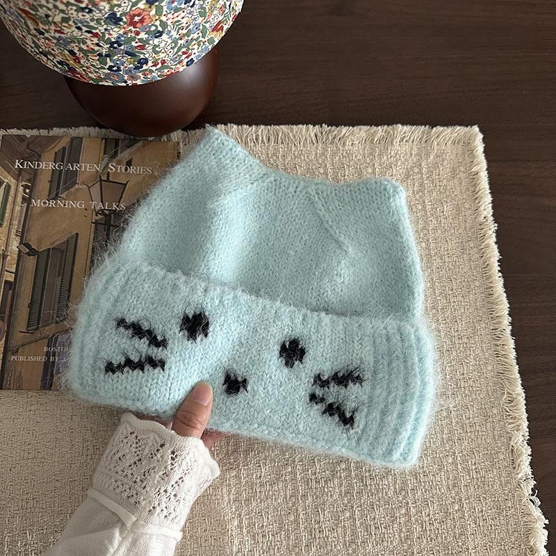 * Детское веселье* Новая корейская жаккардовая шерстяная шапка с котенком на осень и зиму, повседневная теплая вязаная шапка для большого обхвата головы