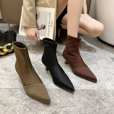 Модные теплые ботильоны челси женские, новинка зимы 2024 года, модные сапоги на тонком каблуке с эластичным носком, повседневная обувь, замшевые ботинки с острым носком
