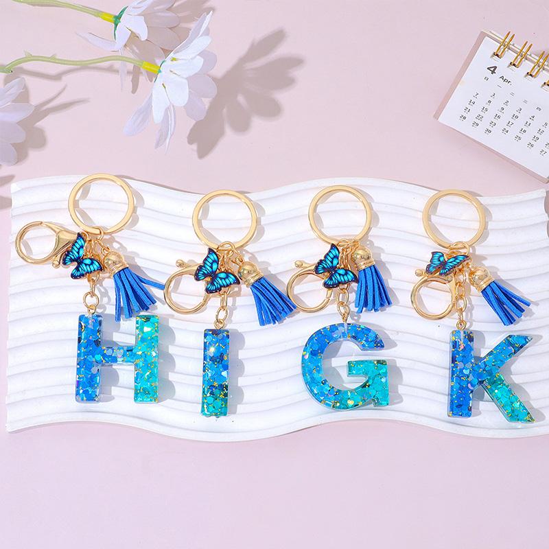 1 шт. Брелок с надписью для подвески на рюкзак, держатель для ключей, брелок с кисточкой, бабочка, милая градиентная смола, синий с пайетками