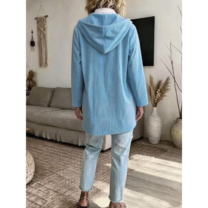 Women Hooded Corduroy Jacket Loose Mid Length Casual Outerwear