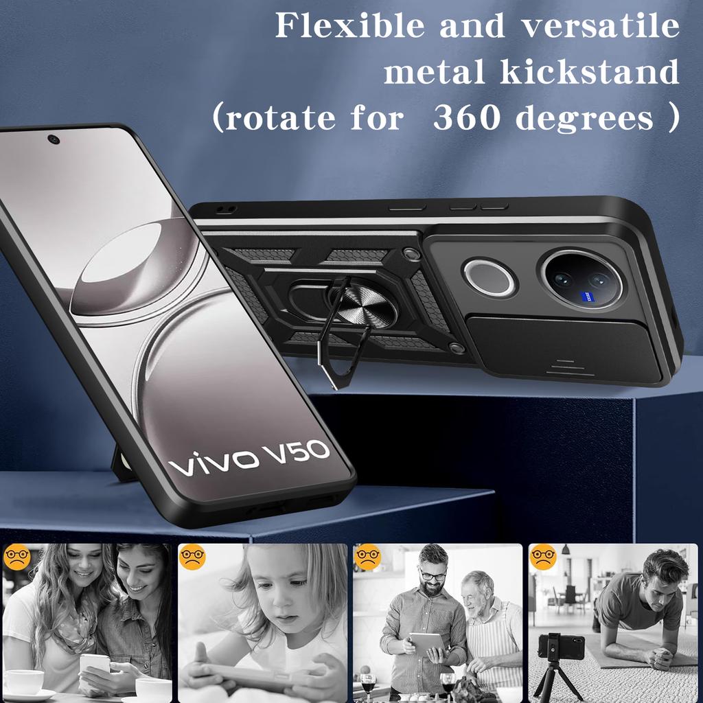 For Vivo V50 5G Case with Slide Camera Lid PC+TPU Kickstand Phone Cover