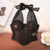 Sleeveless Mesh Crystal Camisole Slim Fit Corset Fishbone Camisole Neck Halter Crop Top  Party