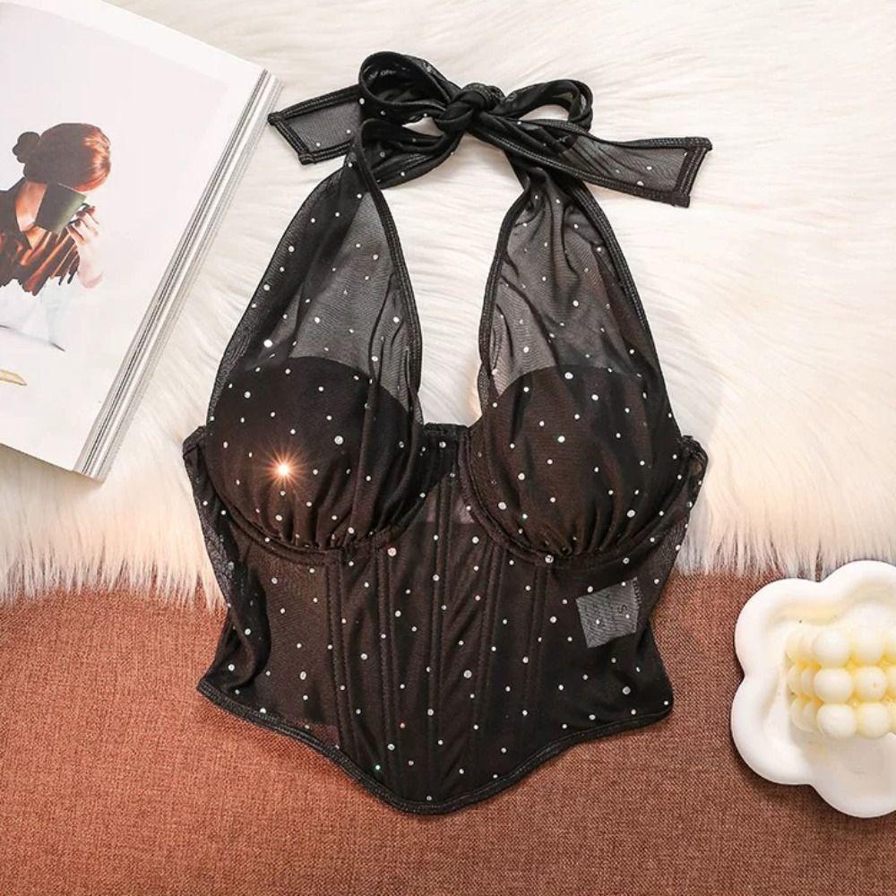 Sleeveless Mesh Crystal Camisole Slim Fit Corset Fishbone Camisole Neck Halter Crop Top Party