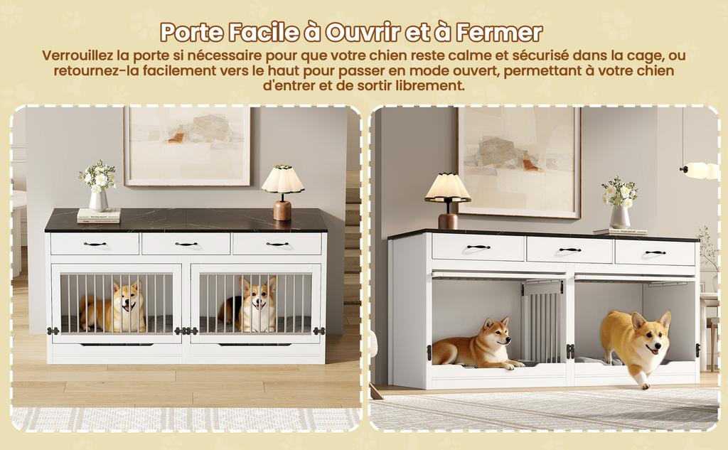 Wood-Metal Dog Crate, for 2 Dogs, with Lock Closure, Flip-Up Door, Removable Partition, 3 Drawers, White & Black, Oversized, Dimensions 164×60×81 cm