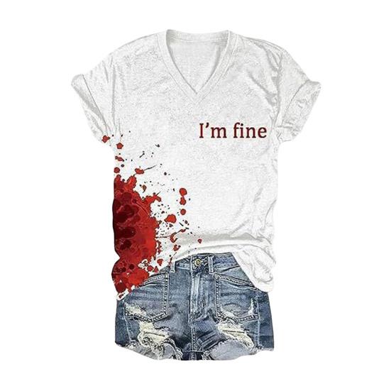 Хэллоуин Кровавая футболка Цифровая печать Пятна крови Текст Футболка Женские топы с V-образным вырезом Повседневная одежда Смешная одежда ужасов