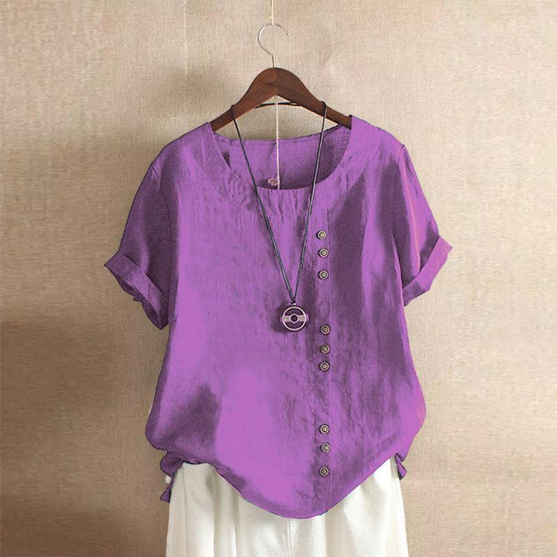 Women Loose Casual Tops Button Linen Daily Boho Tunic T-shirt Short Sleeve Blouse