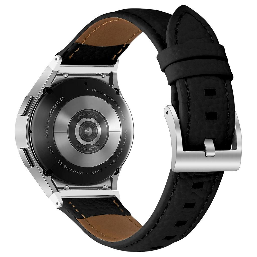 Genuine Cow Leather Strap with Connector for Samsung Galaxy Watch FE 40mm/Watch7/Watch6/Watch 5/Watch4 Litchi Texture Silver Buckle Watch Band