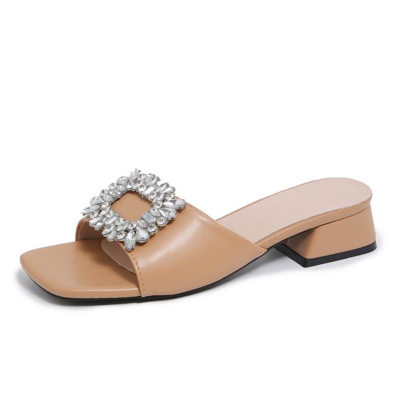 Модные женские сандалии Новые роскошные шлепанцы на плоской подошве с квадратным верхом Стразы Летняя модная обувь Женский комфорт Легкие босоножки на высоком каблуке Женские