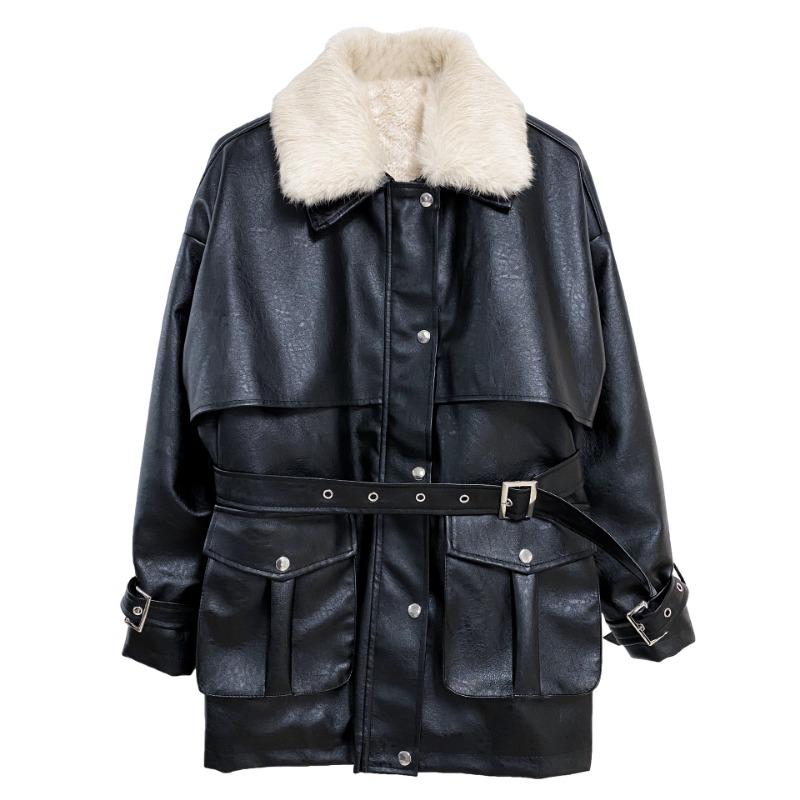 Leather Jacket Women's Mid-length Winter New Korean Style Loose Cotton Jacket Plus Velvet Thickened Motorcycle Popular PU Leather Jacket
