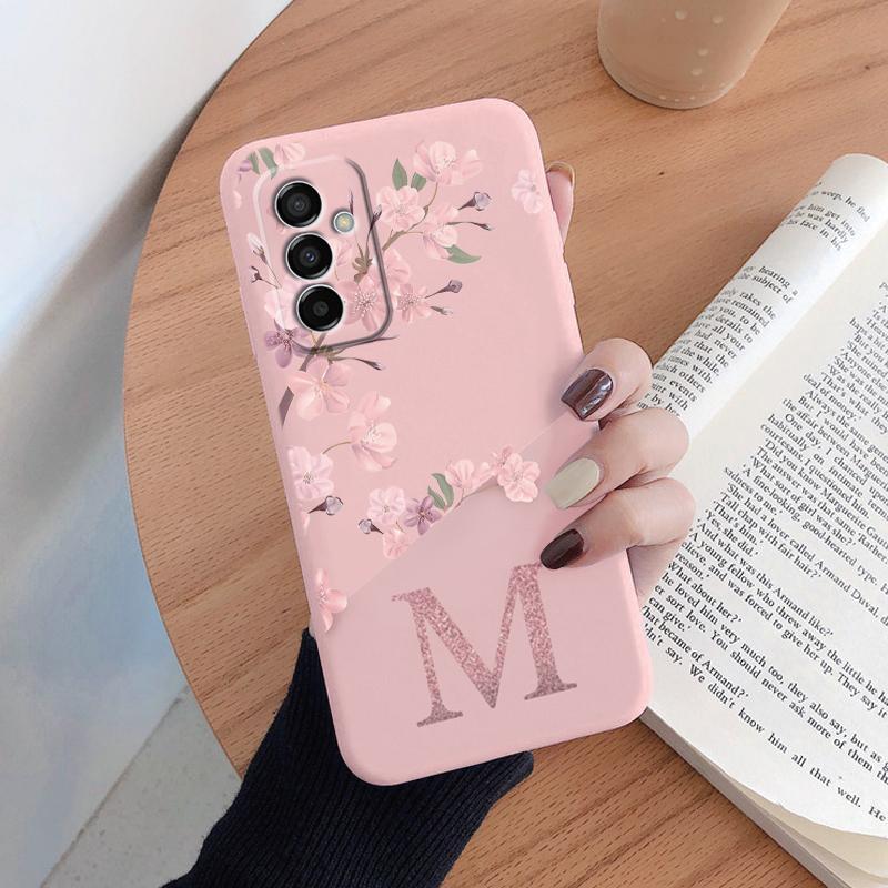Initial Letter A Z Case For Samsung Galaxy M23 F23 5G Cover Pink Flowers Soft Silicone Back Funda For Samsung M 23 Coque Bumper