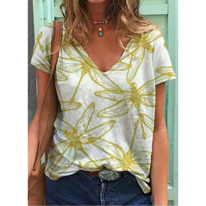 Summer Butterfly Dragonfly 3dV Neck Printed New Women's Top T-shirt