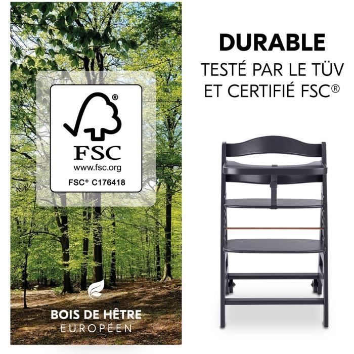 Chaise haute - HAUCK - BETA+ - Evolutive - De 6 mois à 90 kg - Bois FSC - Harnais 5 points - Roulettes - Gris
