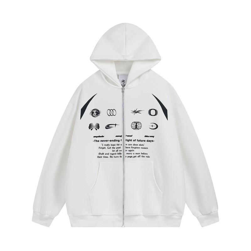 Unisex Oversized Hooded Zip-Up Sweatshirt With Streetwear Print Cotton Blend Winter Warm Casual Jacket