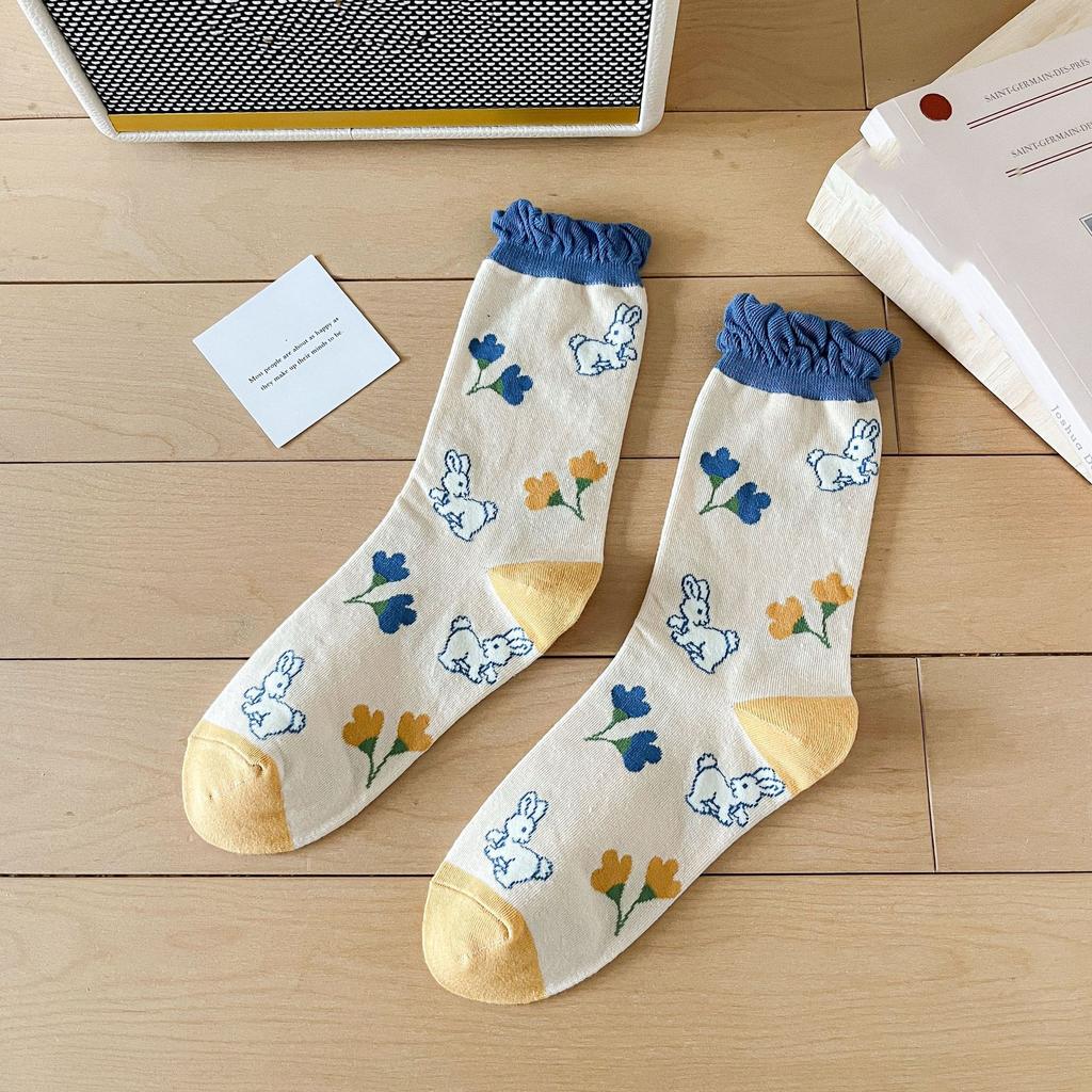 New Harajuku Retro Women Socks Japanese Fashion Vintage Long Socks Korean Style Floral Embroidery Kawaii Cute Ruffle Socks