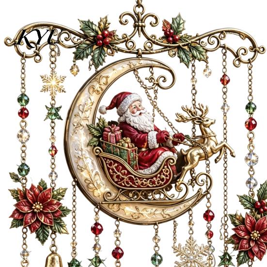 Holiday Souvenir Gifts Christmas Wind Chime with Crystal Bead Chain, Cat Car/Owl Xmas Seasonal Home Accents Pattern Design, Retro Hanging Ornament for