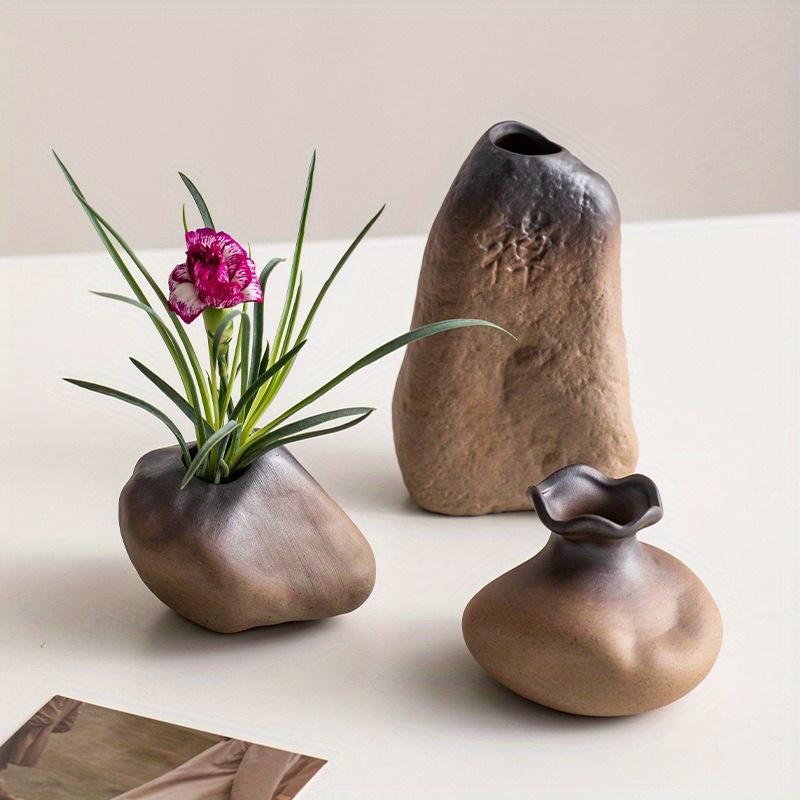 Unique Rustic Ceramic Vase In Stone Shape for Fresh and Dried Flowers Succulents and Hydroponic Plants Decor