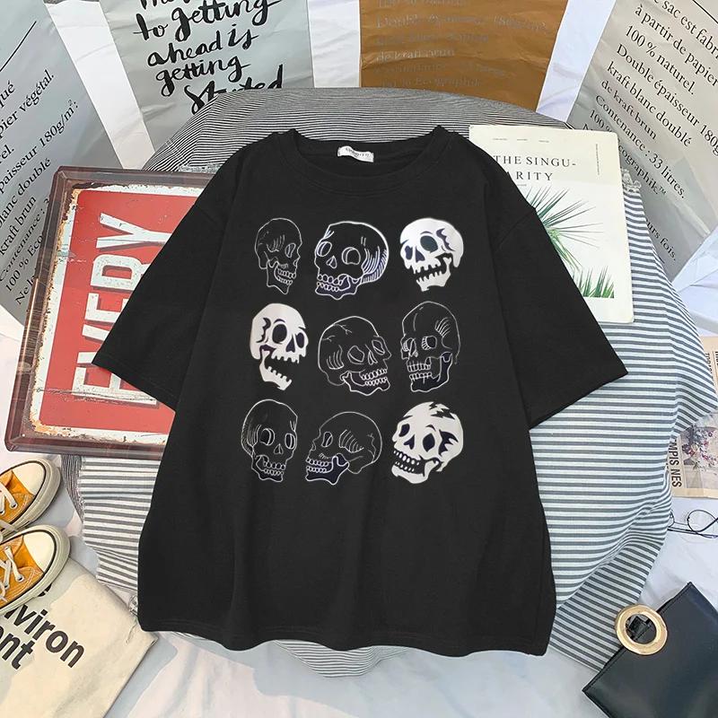 Dark Edgy Fashion Streetwear Graphic Tee Unisex Couple Tops Gothic Women's T-Shirt Skeleton Print Grunge Aesthetic Goth T Shirt