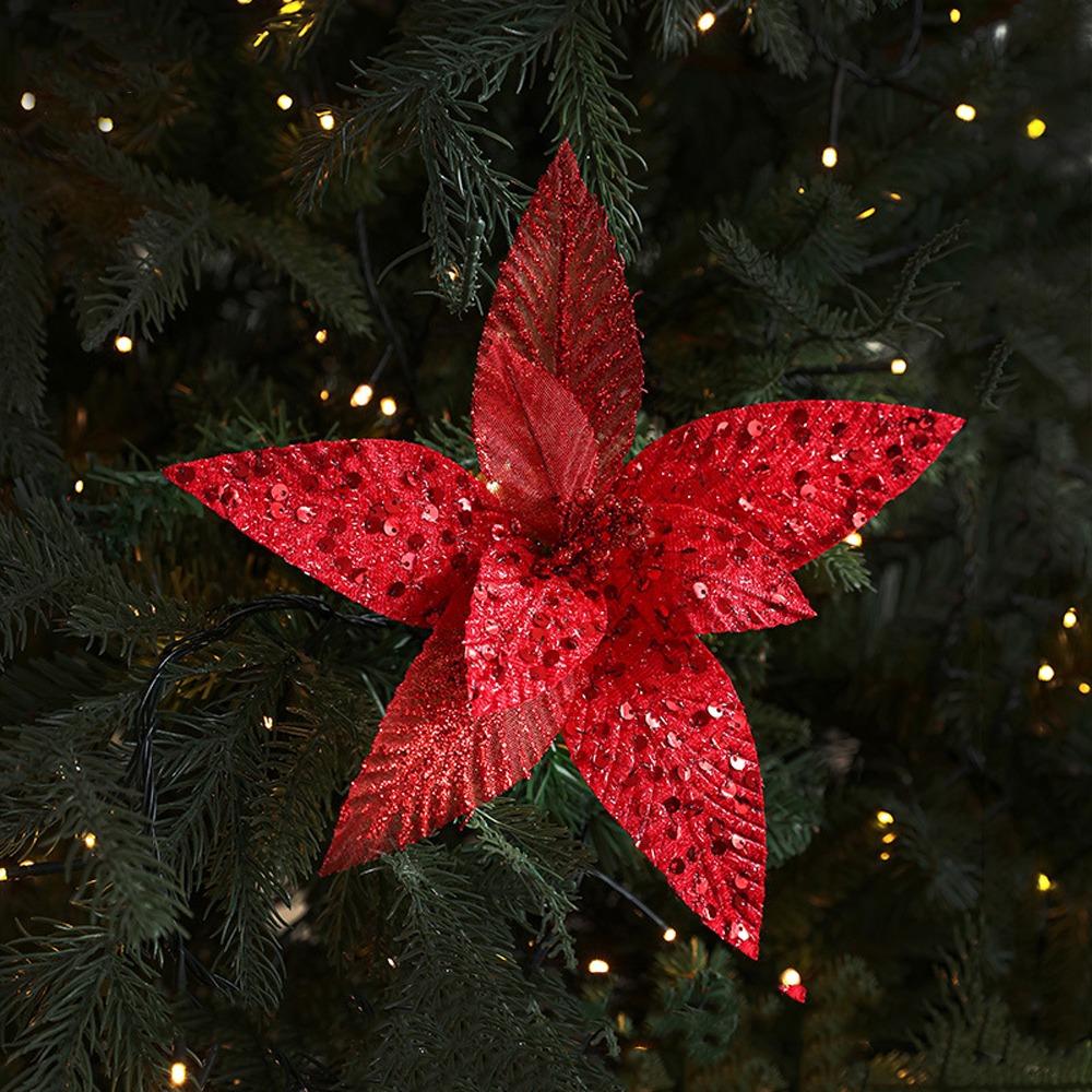 25cm Christmas Artificial Flowers Sequin Mesh Handmade Poinsettia Flower Realistic Decorative Simulation Glitter Flower
