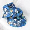 Korean Letters Embroidery Bucket Hat For Women Men Summer Coconut Trees Print Double-Sided Fisherman Cap Wide Brim Sunshade Hats