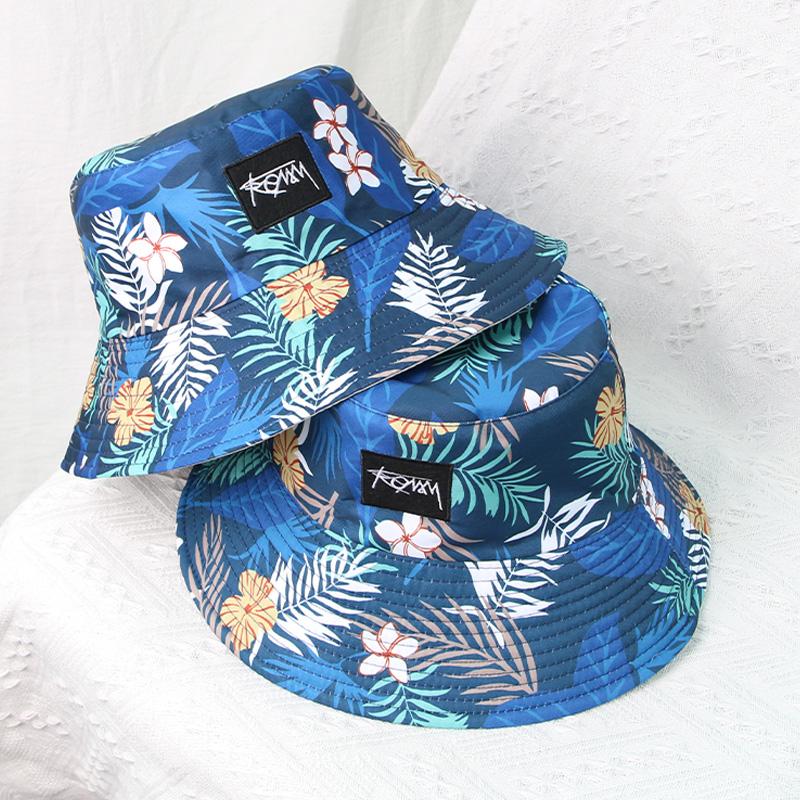Korean Letters Embroidery Bucket Hat For Women Men Summer Coconut Trees Print Double-Sided Fisherman Cap Wide Brim Sunshade Hats