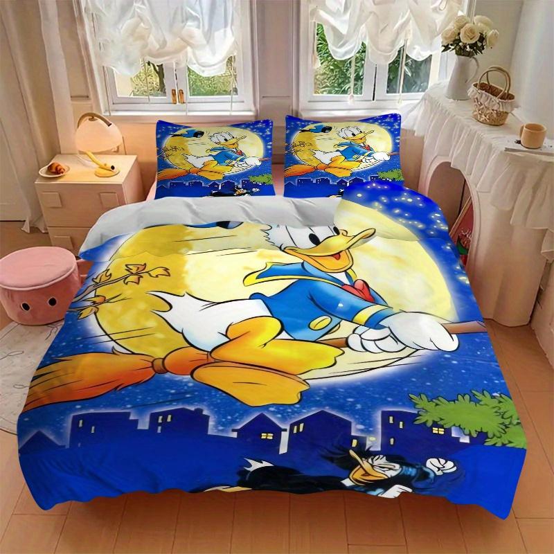 3pcs Halloween Donald Duck Flying on Broomstick Moon Printed Quilt Set - Includes 1 Quilt Cover and 2 Pillowcases, Machine Washable - Suitable fo