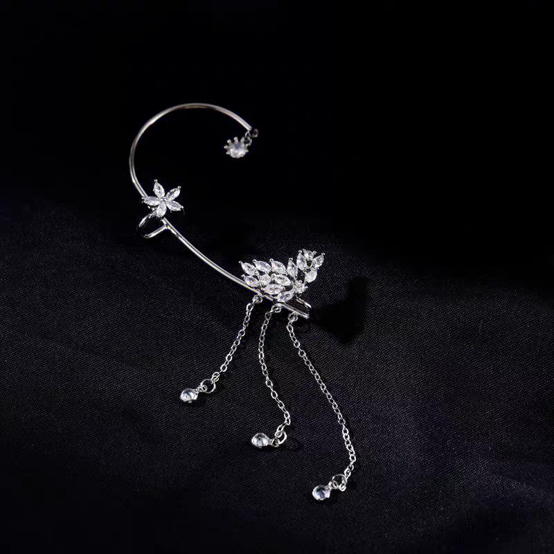 Серьга-кафф на ухо с крылом, кисточкой, стразами, в виде цветка бабочки - Зажимная, без прокола