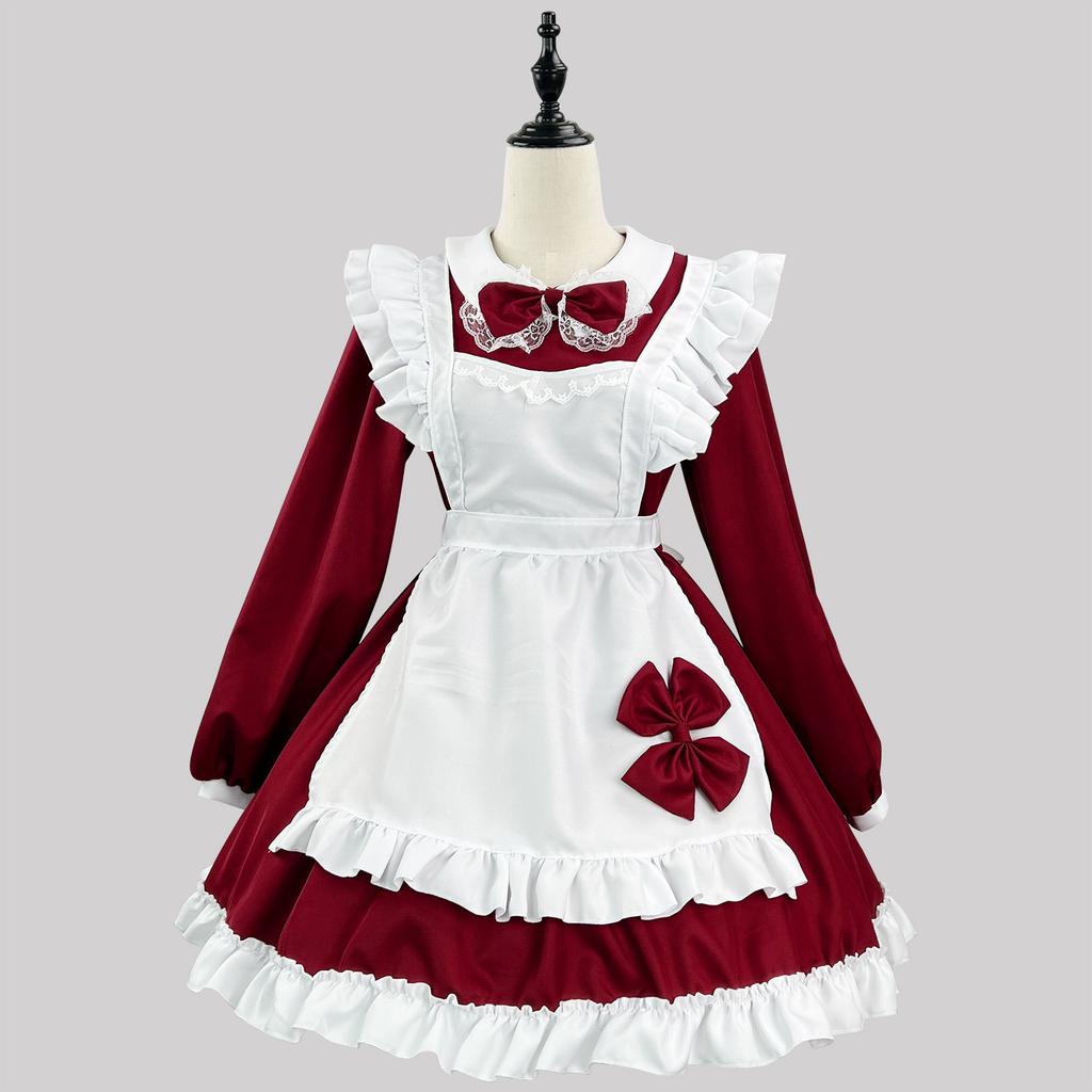 Japanese Maid Cosplay Cute Lolita Party Dress Black White Long Sleeve Classic Apron Maid Role Play Waitress Cross Dressing