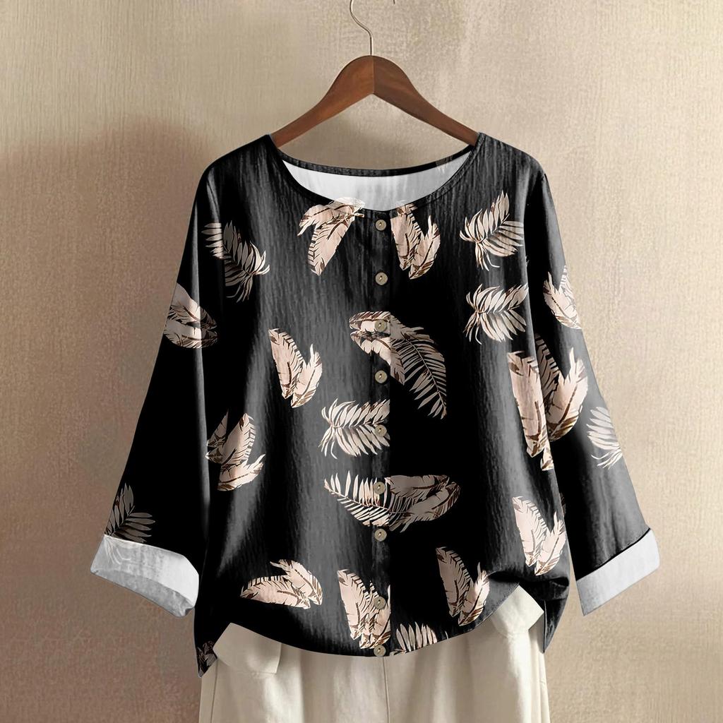 Женский повседневный топ с длинным рукавом и круглым вырезом, из хлопка и льна, с принтом в стиле ретро с градиентом