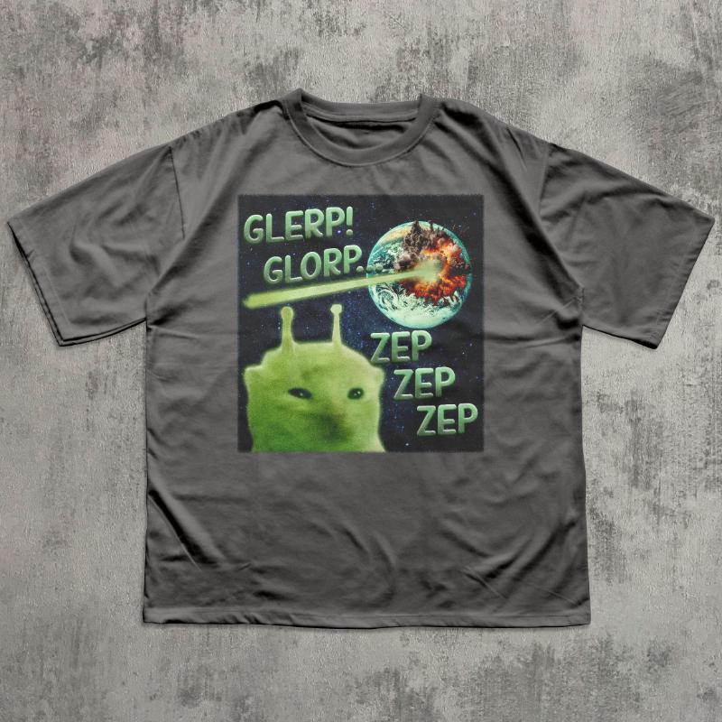 Glerp Glorip Забавный Инопланетный Кот Мем Печать Чистый Хлопок Модная и Удобная Футболка для Мужчин Женщин Летний Мужской Повседневный Топ