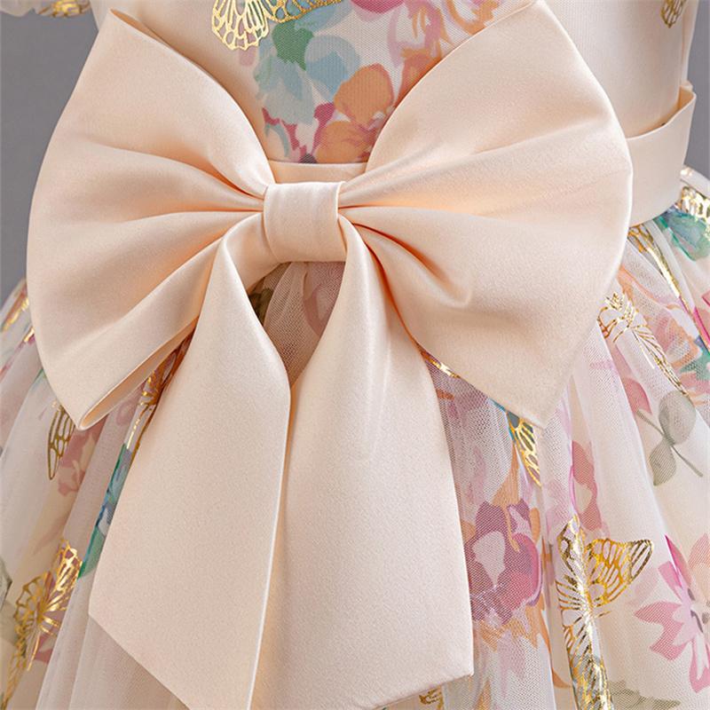 Новое милое и милое платье принцессы с пышными рукавами и большим бантом, бабочкой и цветочным принтом, школьное выпускное вечернее платье