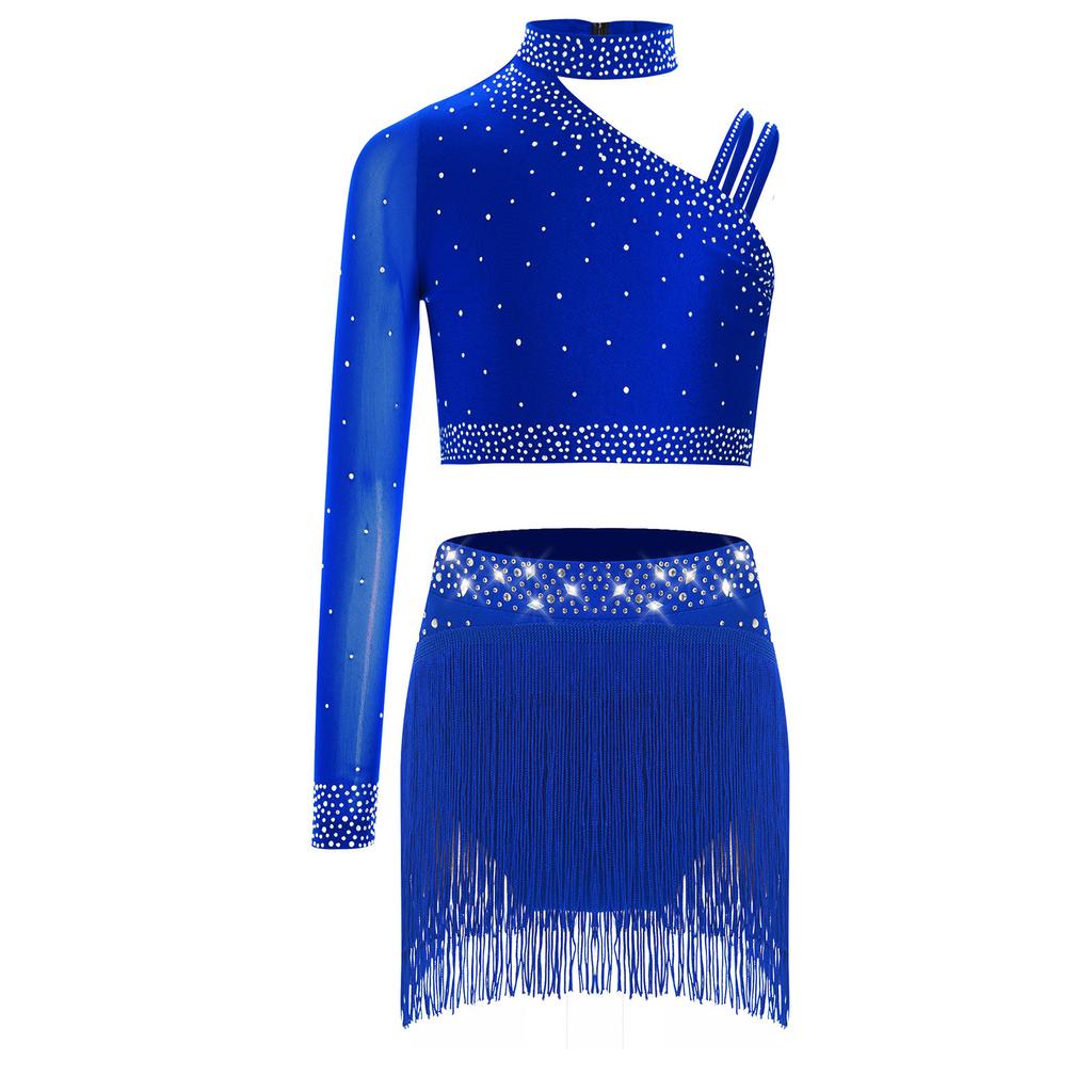 Girls Irregular Shoulder Crop Top Sparkly Rhinestone Fringe Bottoms Dance Performance Set